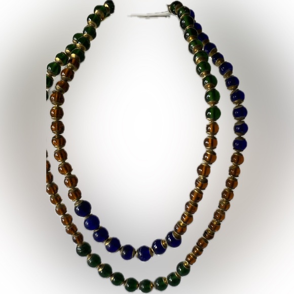 Pretty 2 strand glass bead necklace with brass decor, Fits up to 18” neckline - Picture 2 of 3